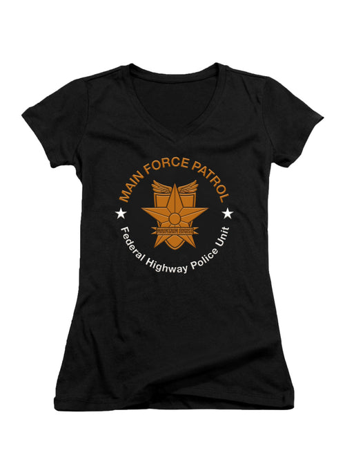 Black Main Force Patrol Metallic Logo Juniors V-Neck T-Shirt
