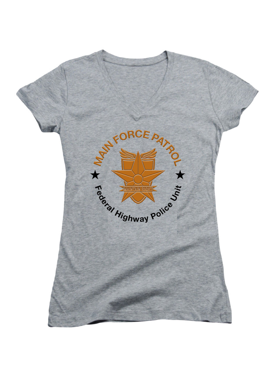 Gray Main Force Patrol Metallic Logo Juniors V-Neck T-Shirt