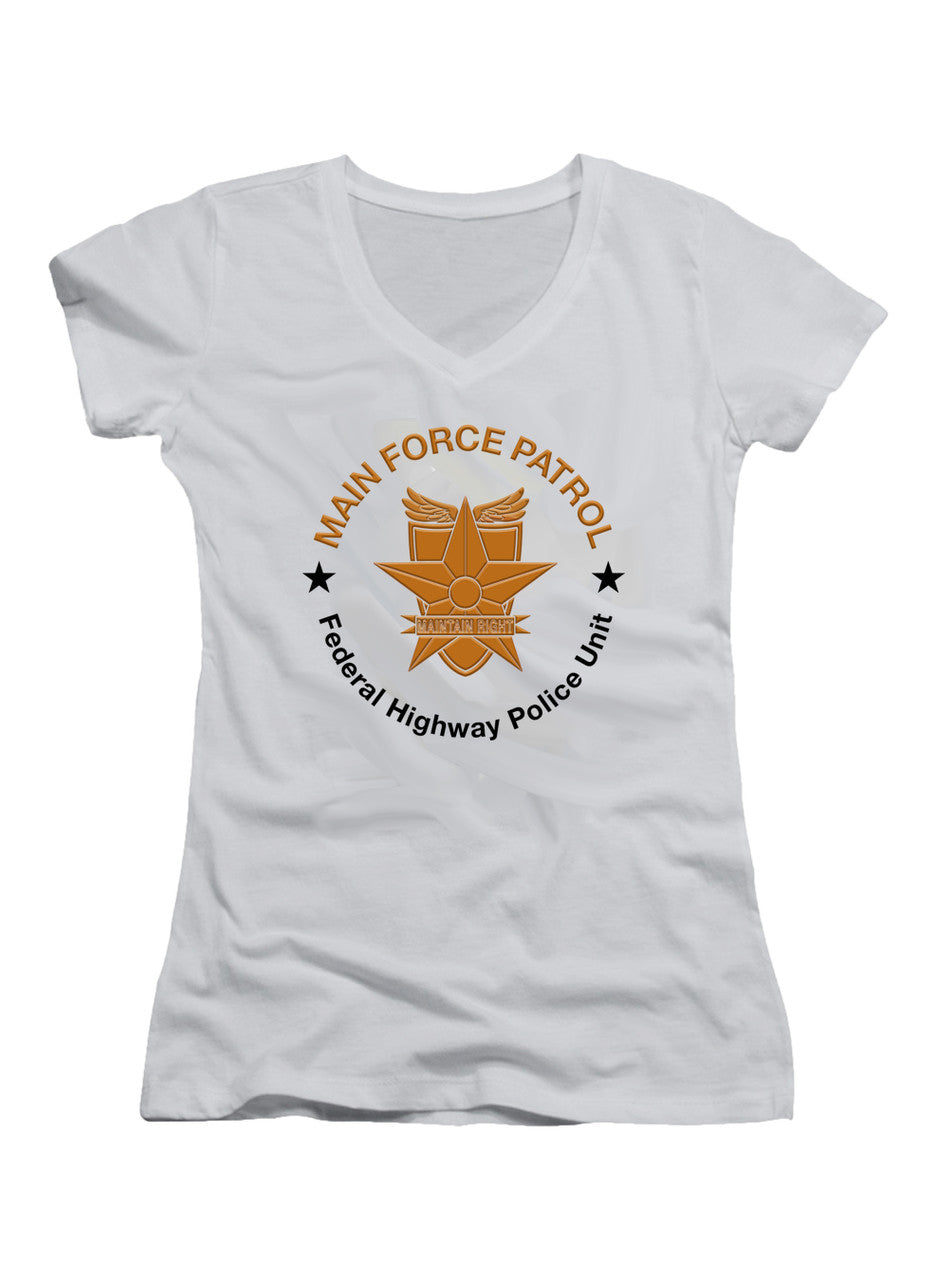 White Main Force Patrol Metallic Logo Juniors V-Neck T-Shirt
