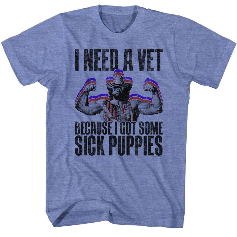 Light blue heather Macho Man t-shirt featuring Macho Man Sick Puppies design