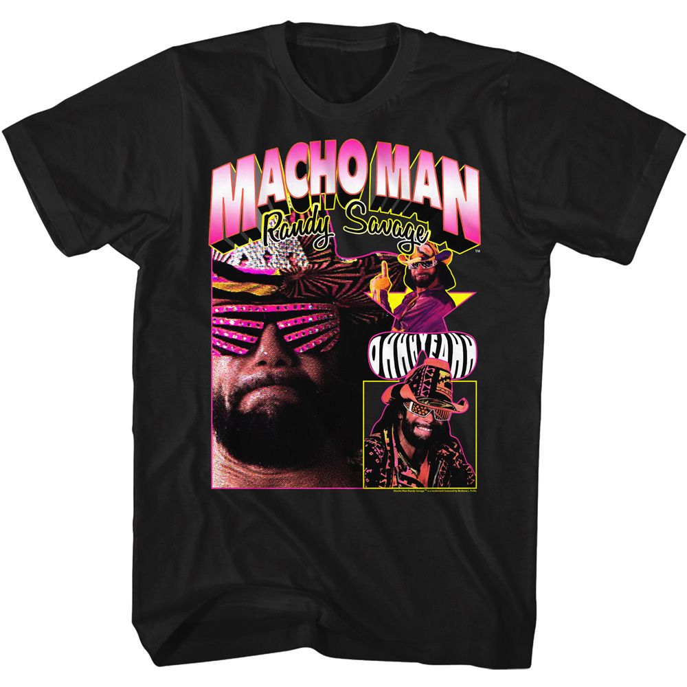 Black Macho Man t-shirt featuring Macho Man Macho Collage design