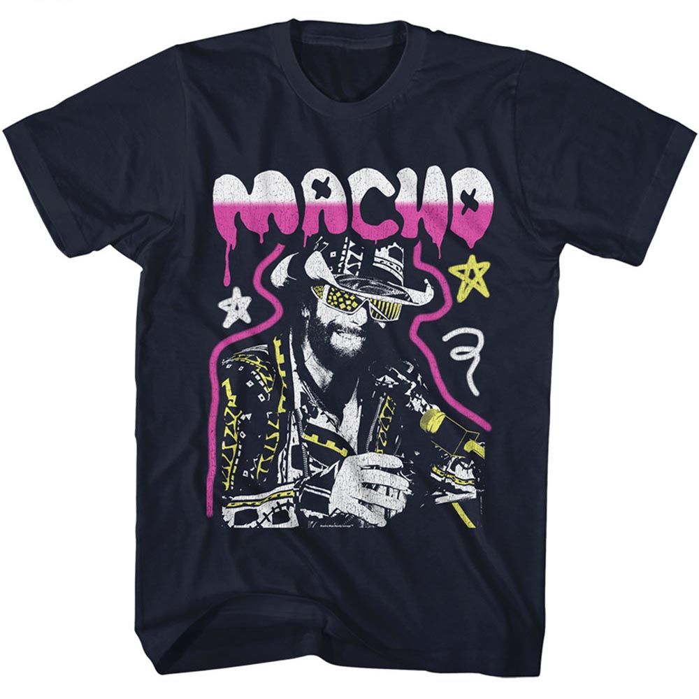 Navy Macho Man t-shirt featuring Macho Man Graffiti Distressed design