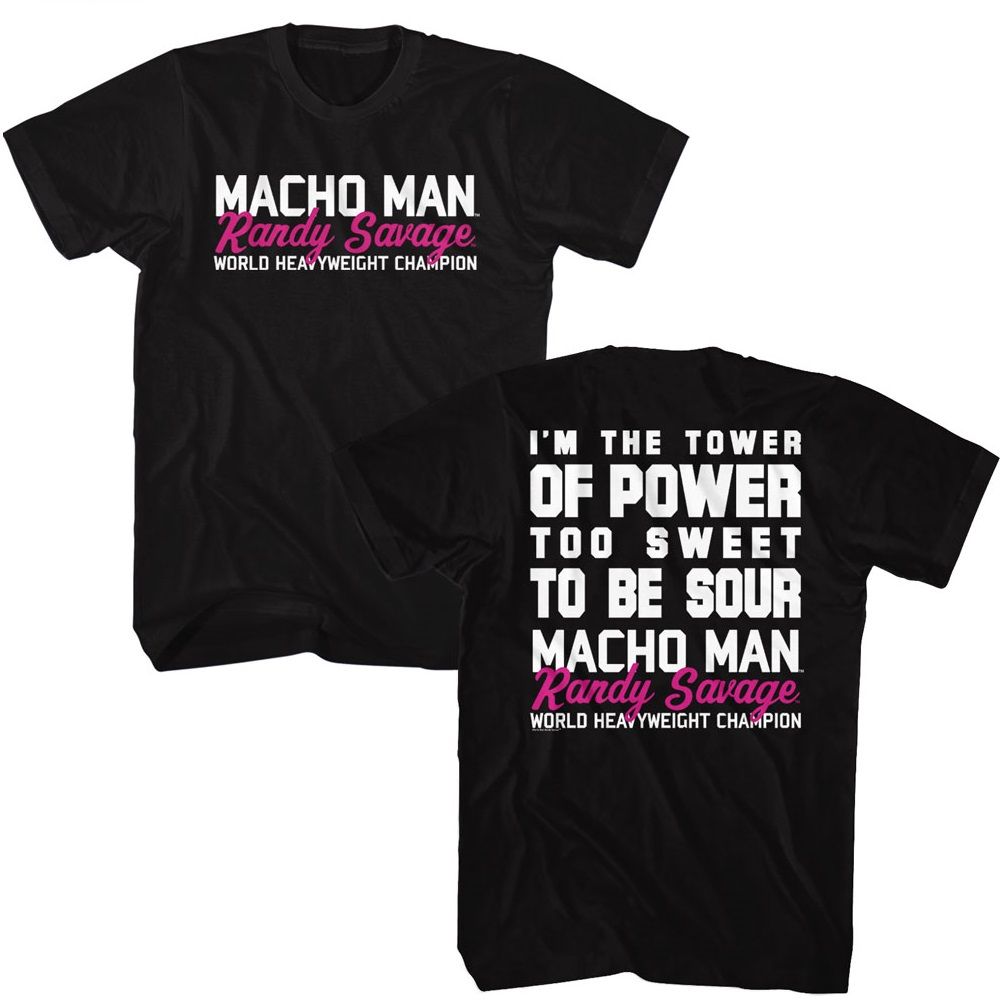 Black Macho Man t-shirt featuring Macho Man Tower Of Power design (front and back)