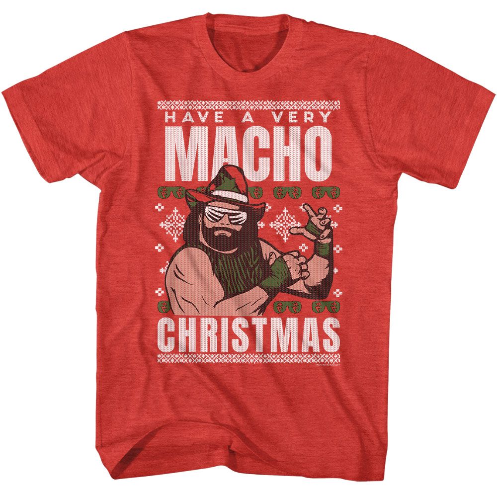 Red heather Macho Man t-shirt featuring Macho Man Very Macho Christmas design