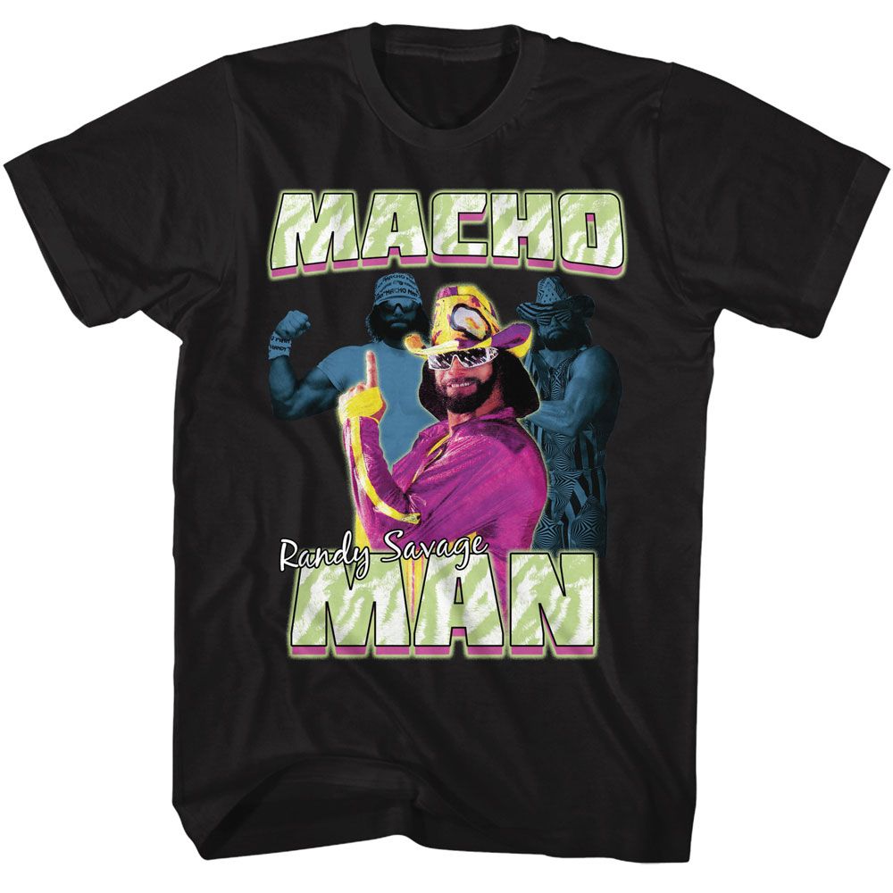 Black Macho Man t-shirt featuring Macho Man Three Photos Collage design