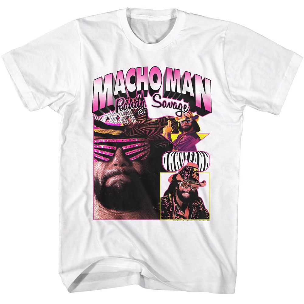 White Macho Man t-shirt featuring Macho Man Randy Collage Light design
