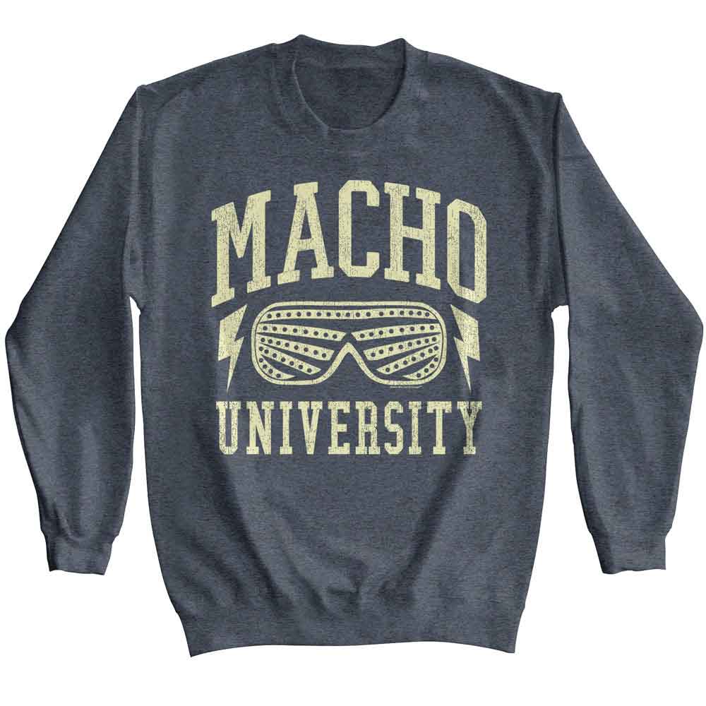 Dark heather Macho Man sweatshirt featuring Macho Man Randy Savage University design