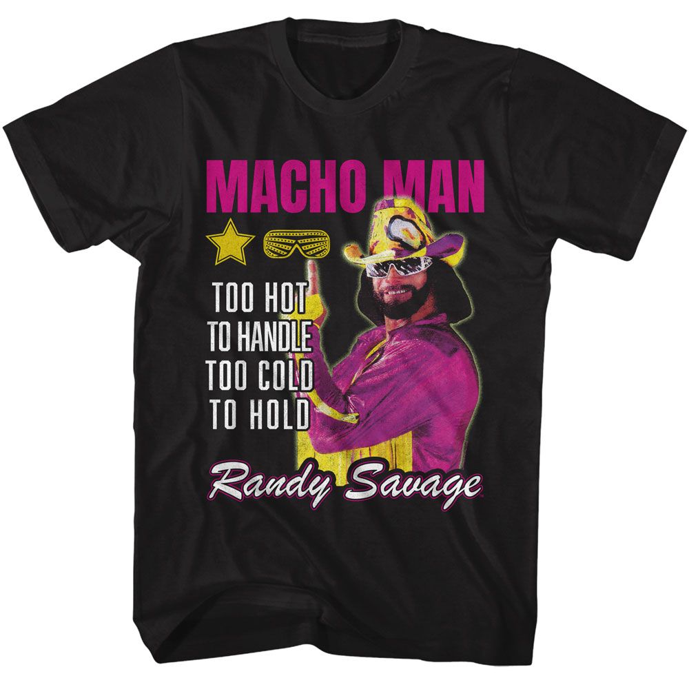 Black Macho Man t-shirt featuring Macho Man Too Hot To Handle design