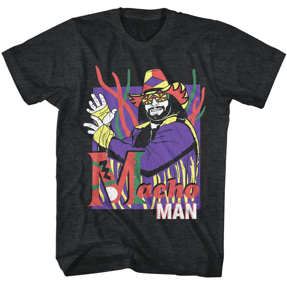 Black heather Macho Man t-shirt featuring Macho Man MM Strings design