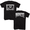 Black Macho Man t-shirt featuring Macho Man Madness Bars design (front and back)