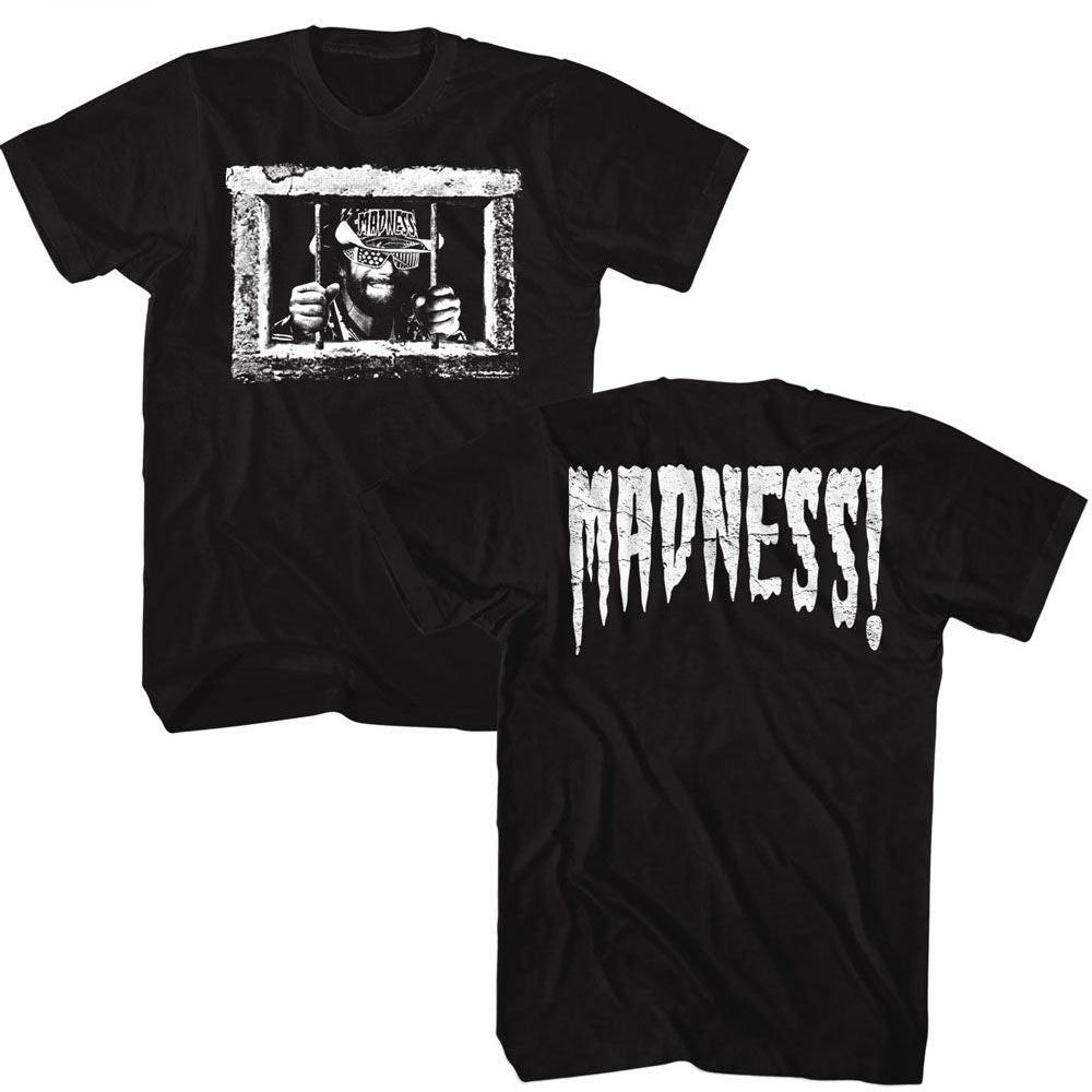 Black Macho Man t-shirt featuring Macho Man Madness Bars design (front and back)