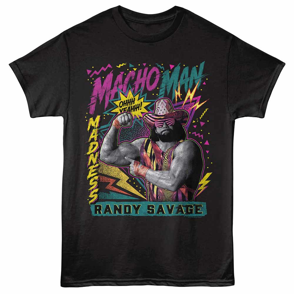 Black Macho Man t-shirt featuring a Madness Neon design