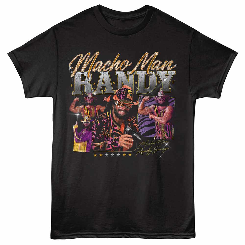 Black Macho Man t-shirt featuring a Collage design