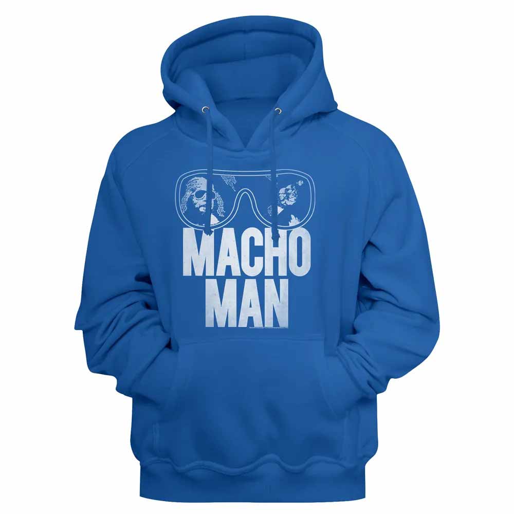 Royal blue Macho Man pullover hoodie featuring a Sunglasses Logo design