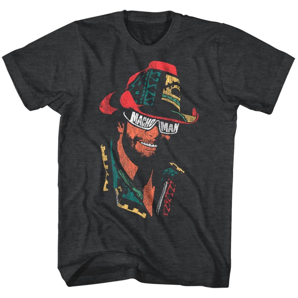 Black heather Macho Man t-shirt featuring Macho Man MM Glasses design