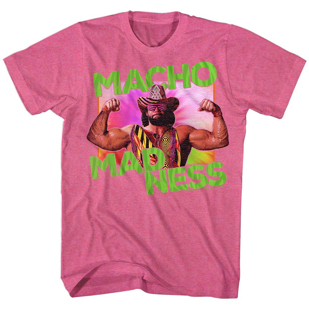 Retro pink heather Macho Man t-shirt featuring Macho Man Madness design