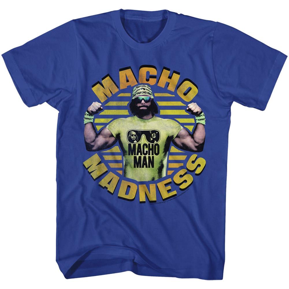 Royal blue Macho Man t-shirt featuring Macho Man Macho Madness Macho Man design