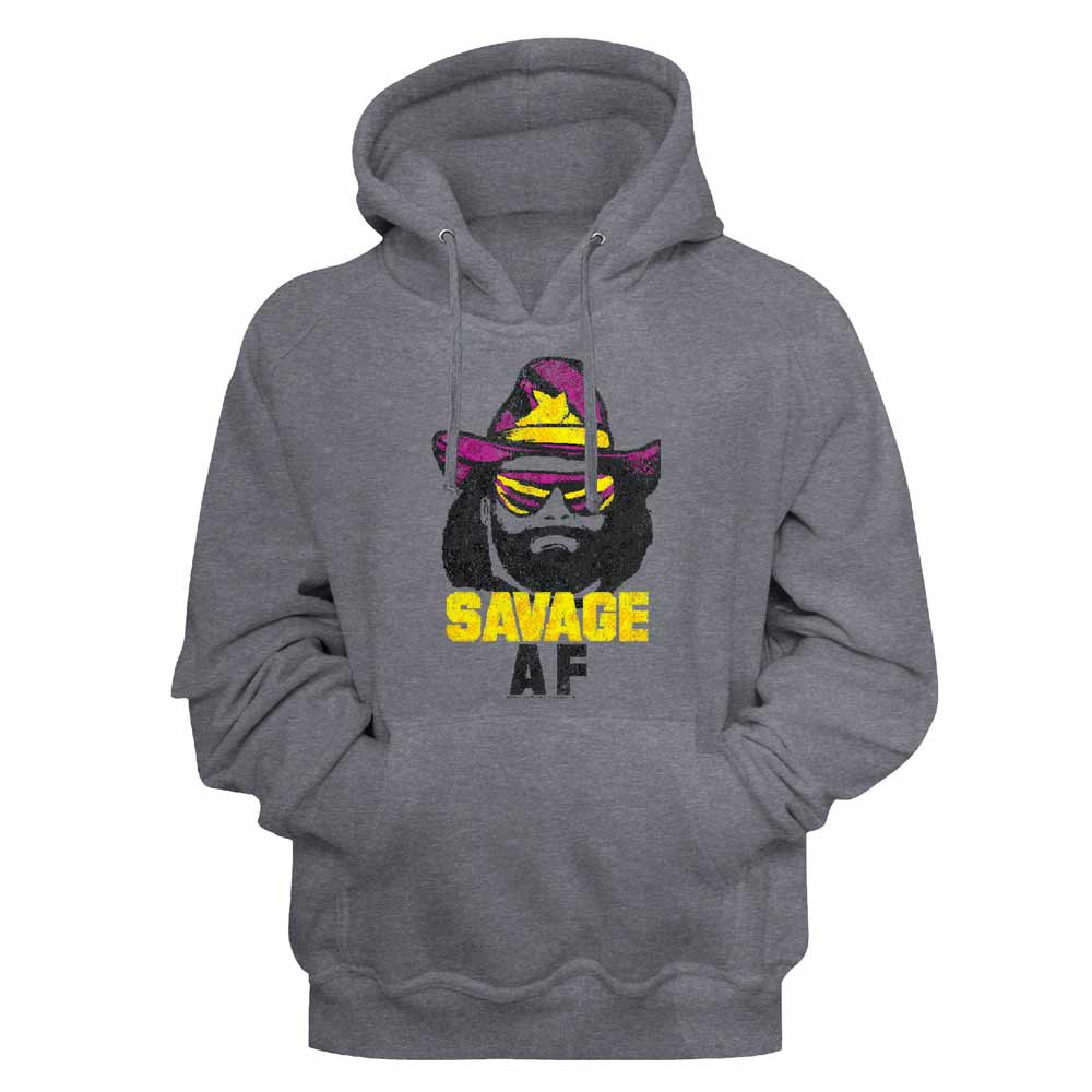 Gunmetal heather Macho Man pullover hoodie featuring a Savage AF design