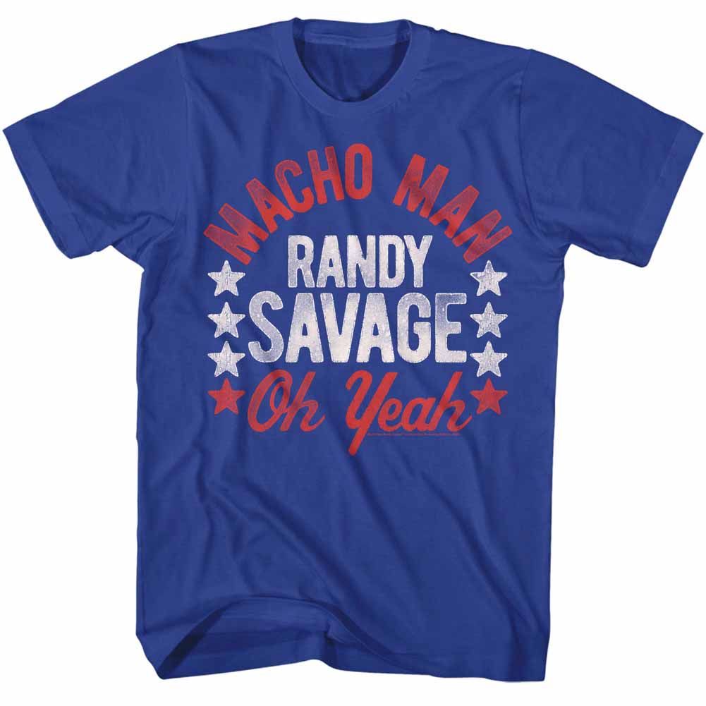 Royal blue Macho Man t-shirt featuring Macho Man Roots Of Macho 2 design