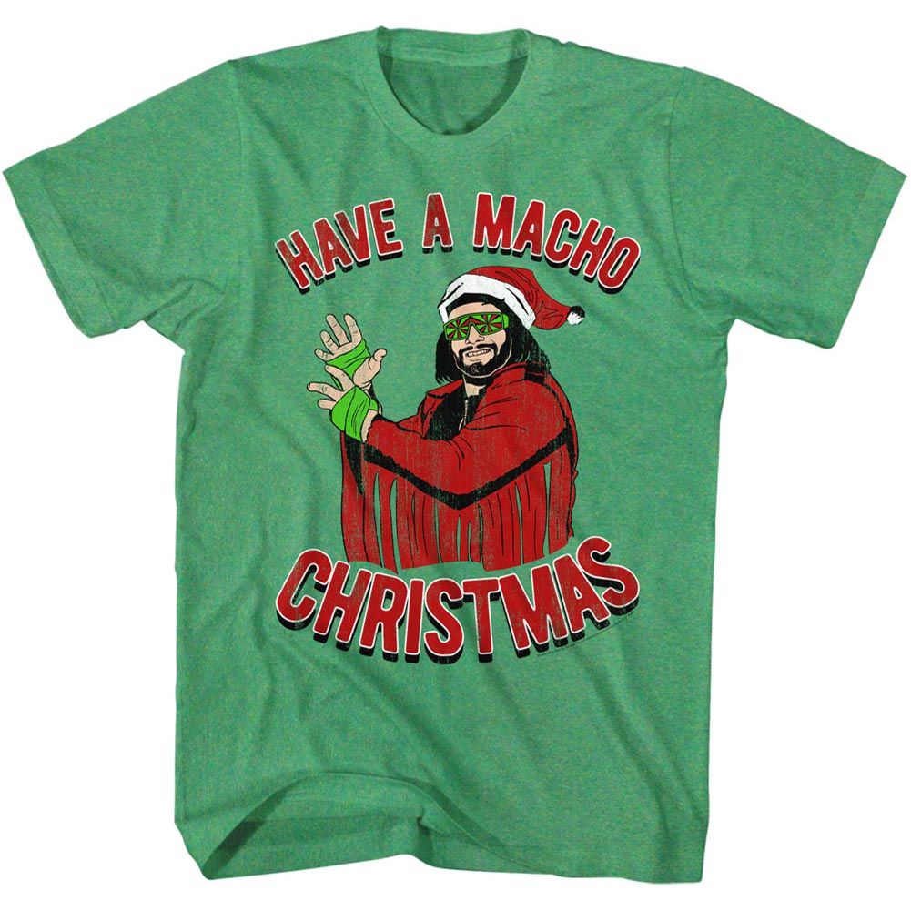 Kelly green heather Macho Man t-shirt featuring Macho Man Machomas design