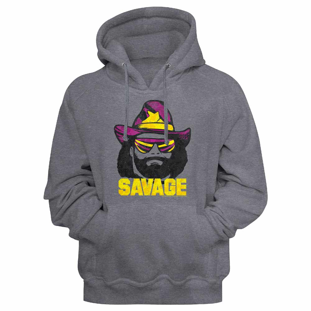 Gunmetal heather Macho Man pullover hoodie featuring a Savage design