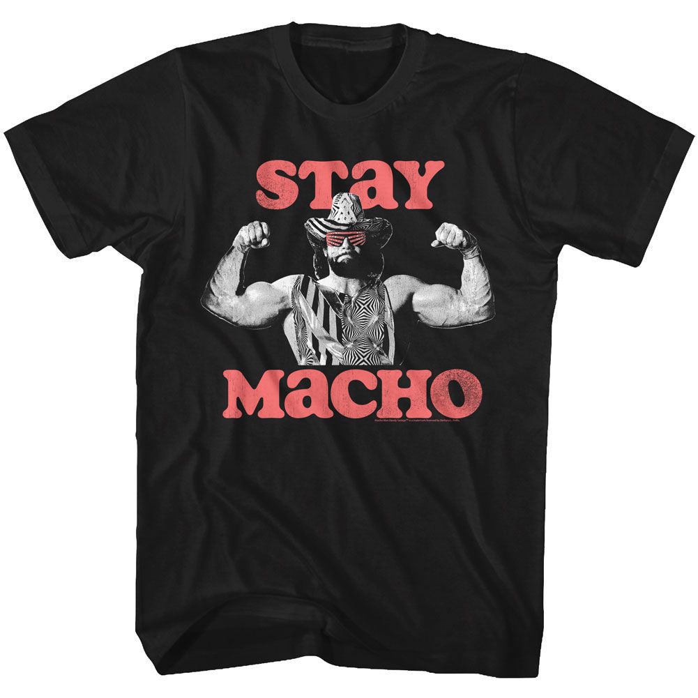 Black Macho Man t-shirt featuring Macho Man Stay Macho design