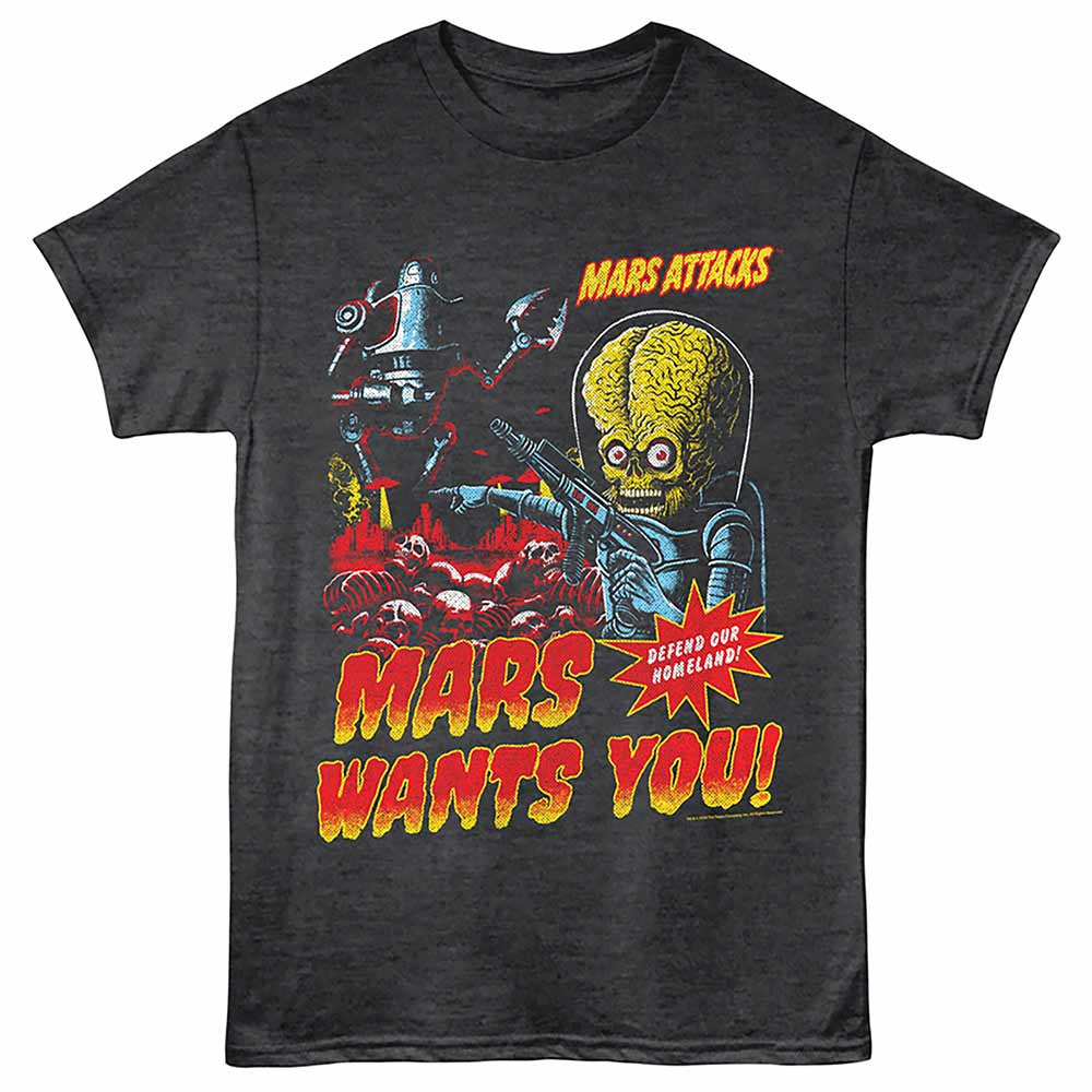 Black heather Mars Attacks! t-shirt featuring a Mars Wants You design