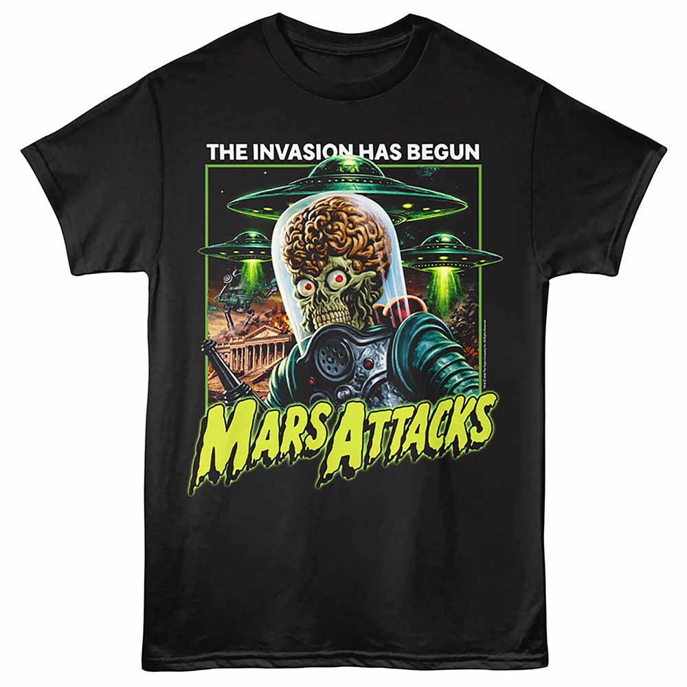 Black Mars Attacks! t-shirt featuring a The Invasion Has Begun design