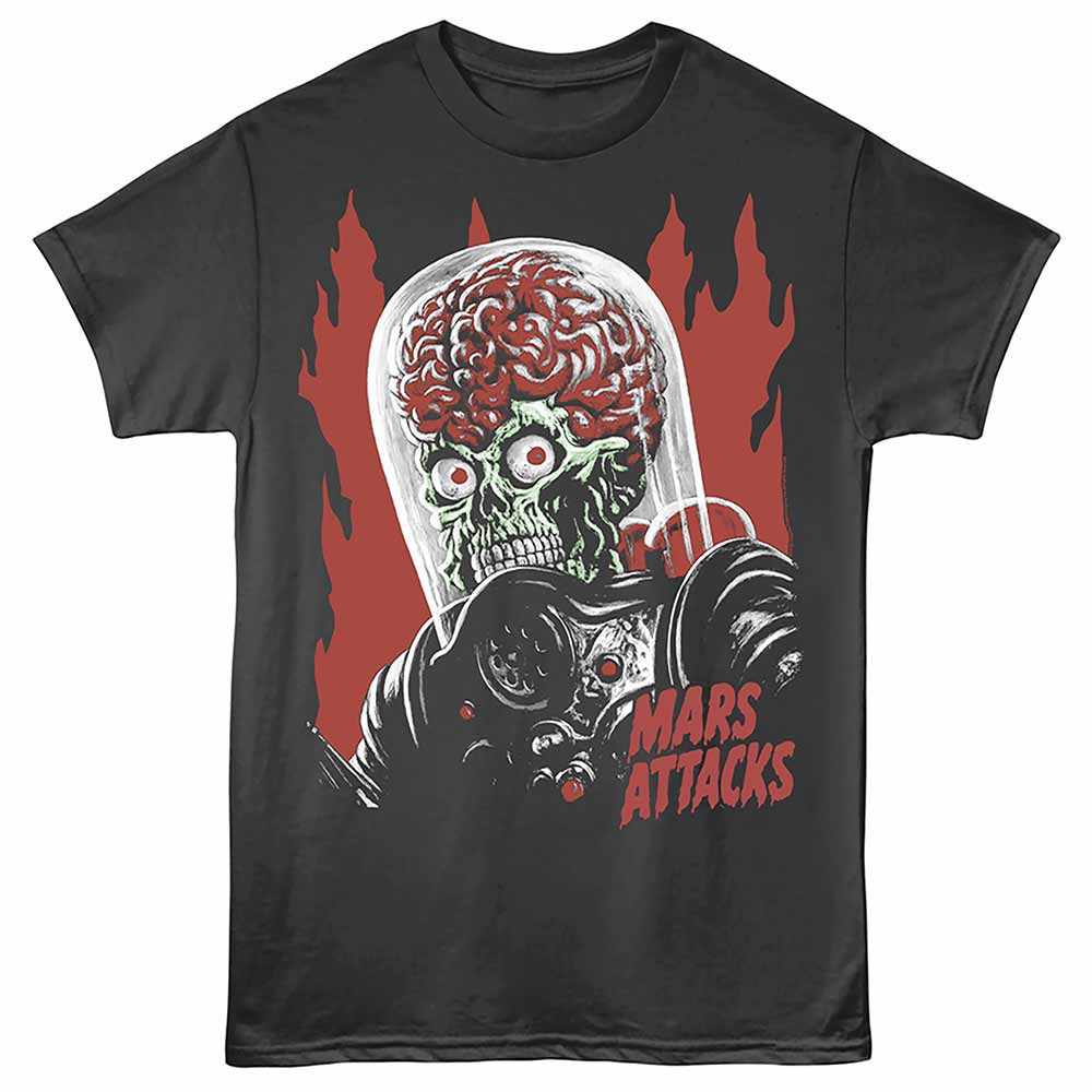 Smoke gray Mars Attacks! t-shirt featuring a Martian Flames design