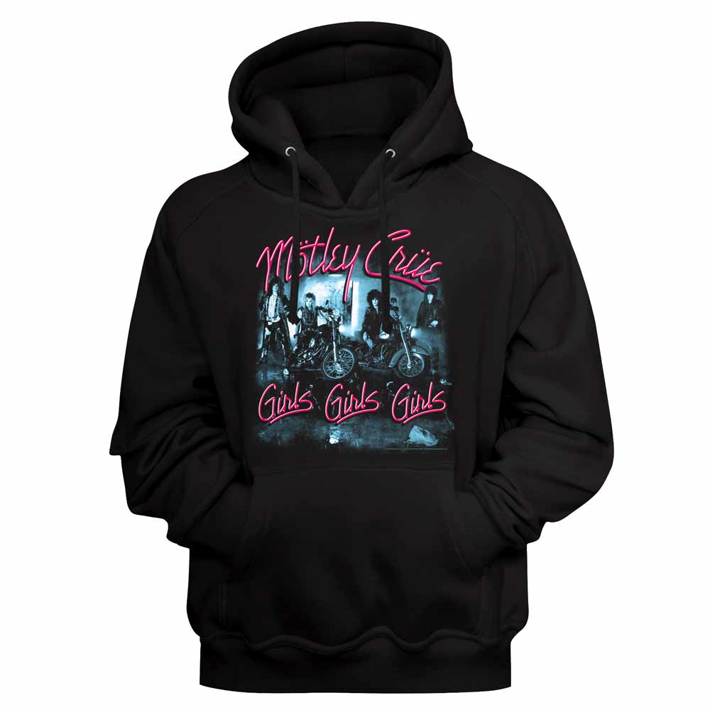 Black Mötley Crüe pullover hoodie featuring a Girls Girls Girls Cover Art design