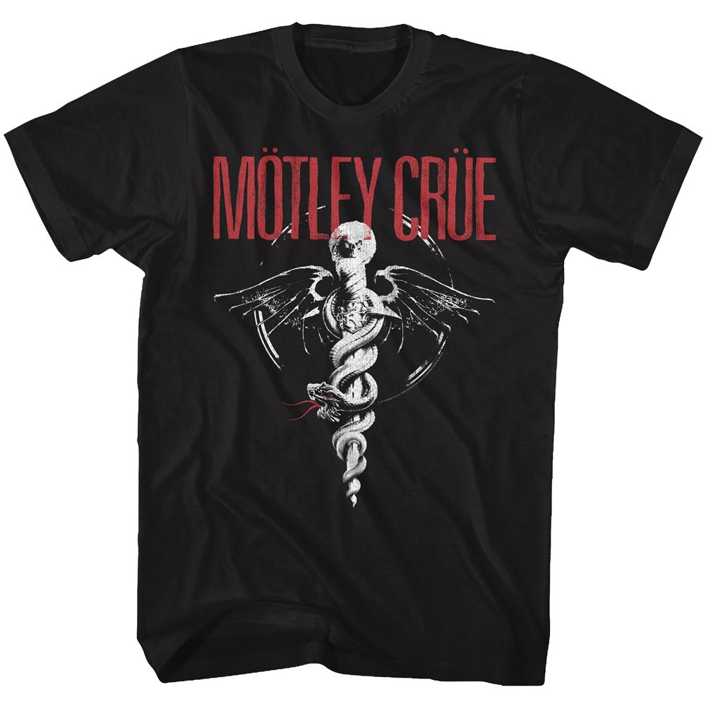 Black Mötley Crüe t-shirt featuring Mötley Crüe Red Logo BW design