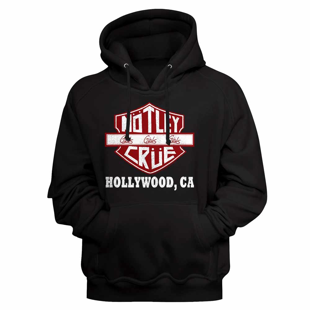 Black Mötley Crüe pullover hoodie featuring a Hollywood CA Sign design