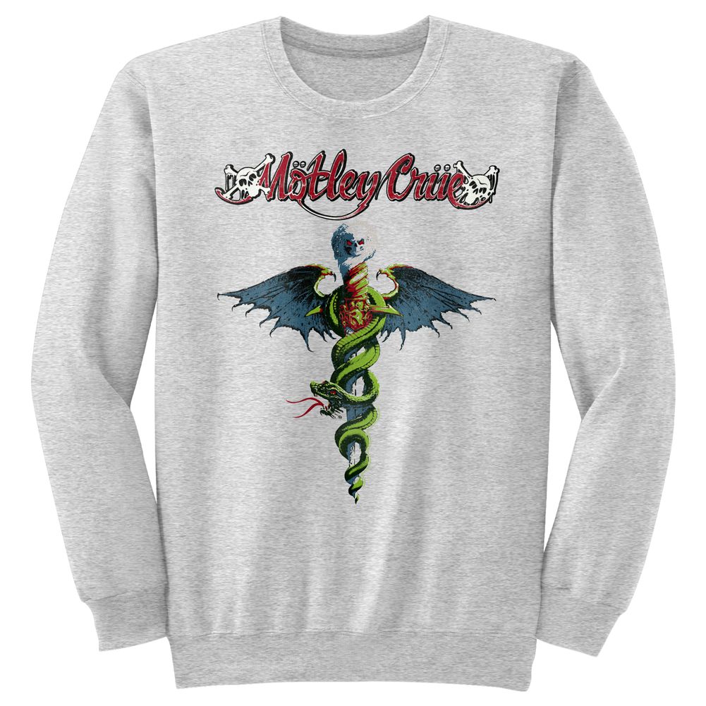 Gray heather Mötley Crüe sweatshirt featuring Motley Crue Dr Feelgood album design