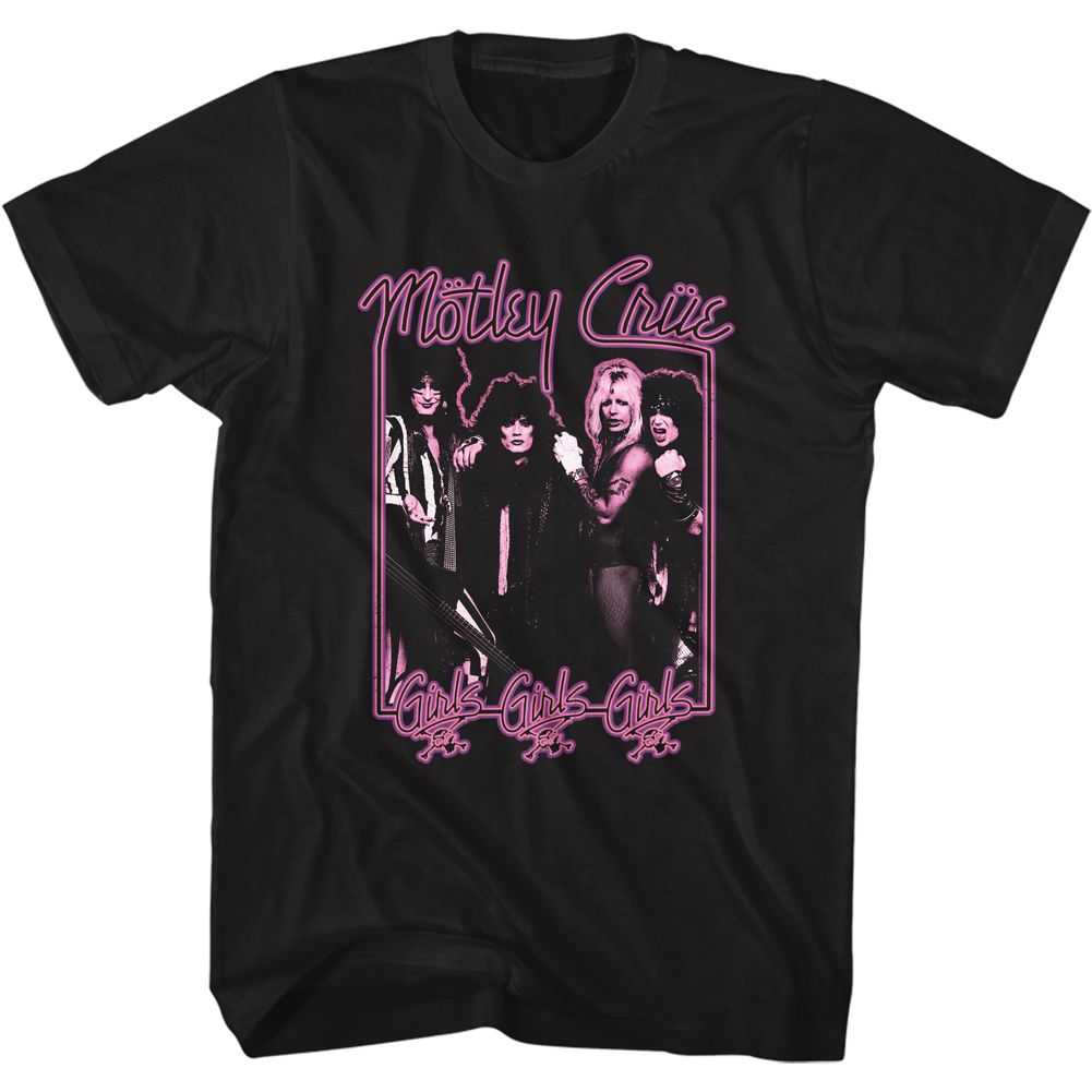 Black Mötley Crüe t-shirt featuring Mötley Crüe Girls Girls Girls Neon design