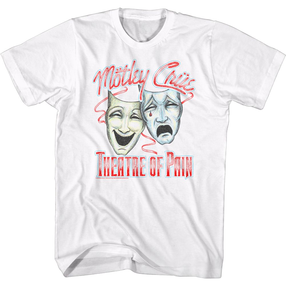 White Mötley Crüe t-shirt featuring Mötley Crüe Dotty Masks design