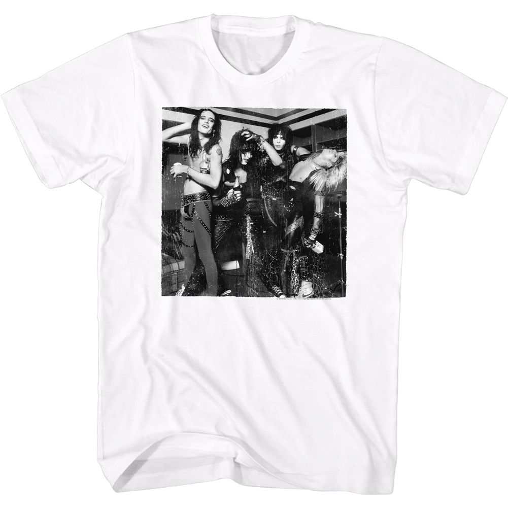 White Mötley Crüe t-shirt featuring Mötley Crüe Black And White Band Pic design