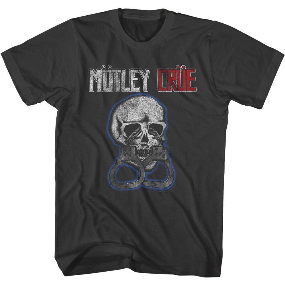 Smoke gray Mötley Crüe t-shirt featuring Mötley Crüe Skull And Cuffs design