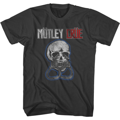 Smoke gray Mötley Crüe t-shirt featuring Mötley Crüe Skull And Cuffs design