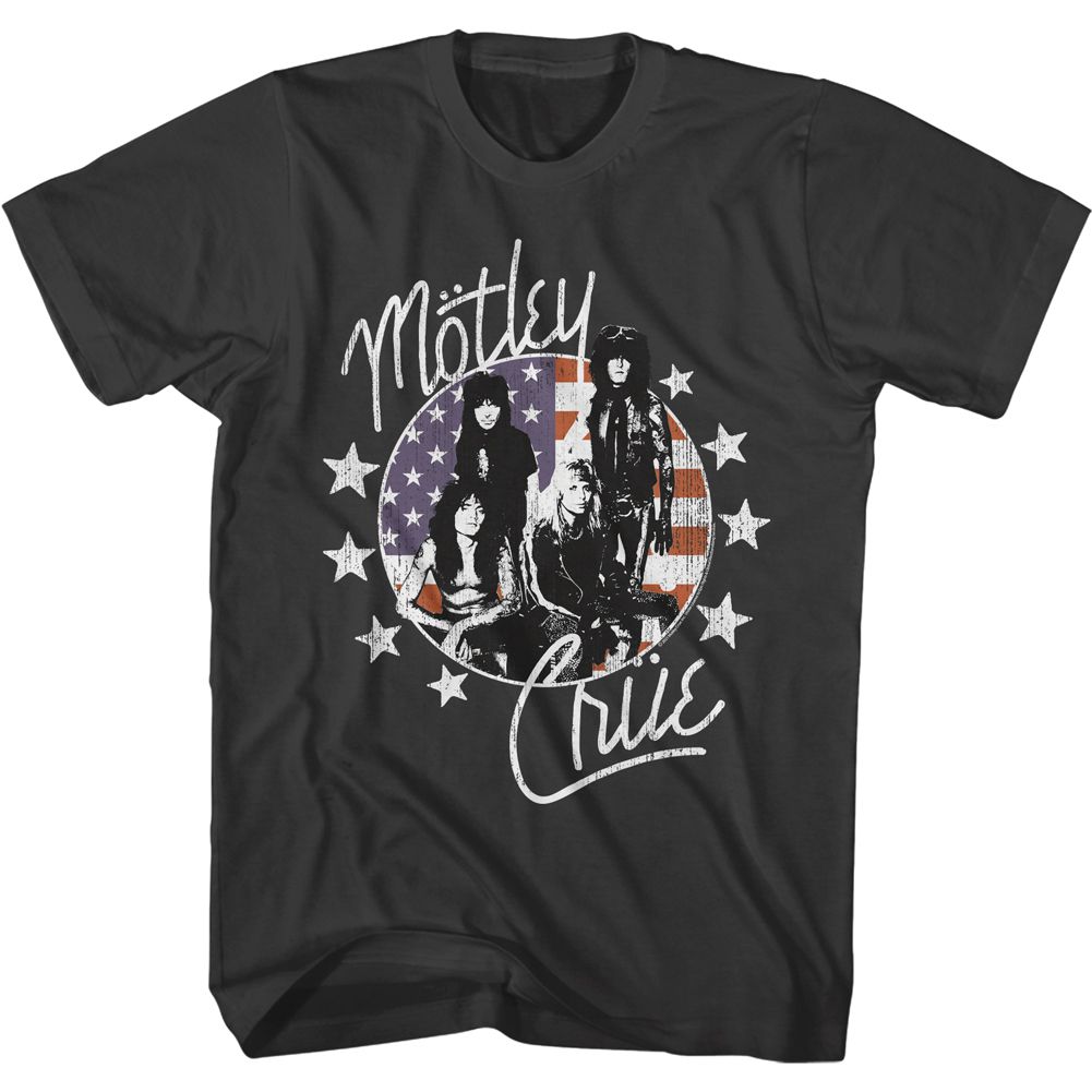 Smoke gray Mötley Crüe t-shirt featuring Mötley Crüe American Flag And Stars design