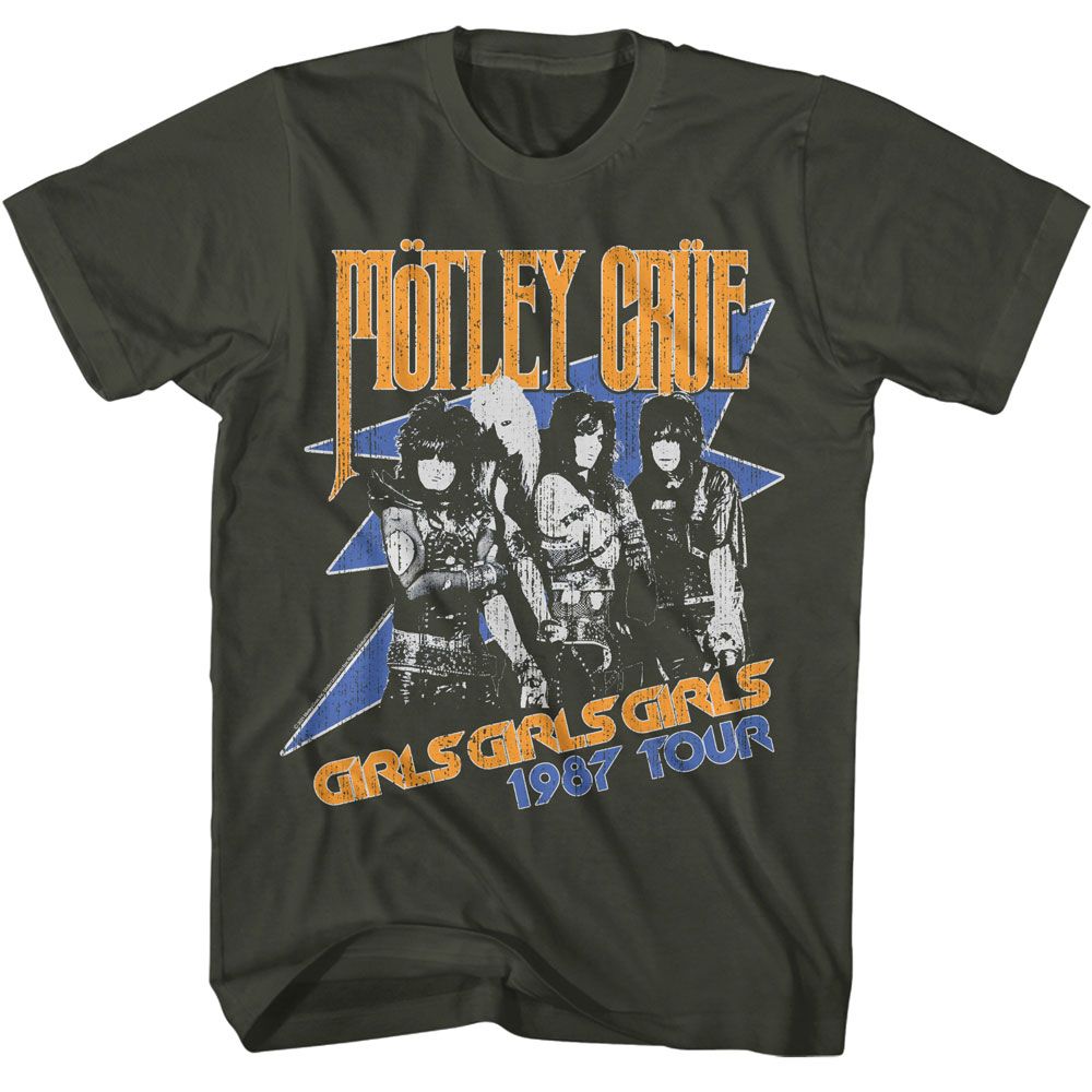 Smoke gray Mötley Crüe t-shirt featuring Mötley Crüe Girls Girls Girls 1987 Tour design