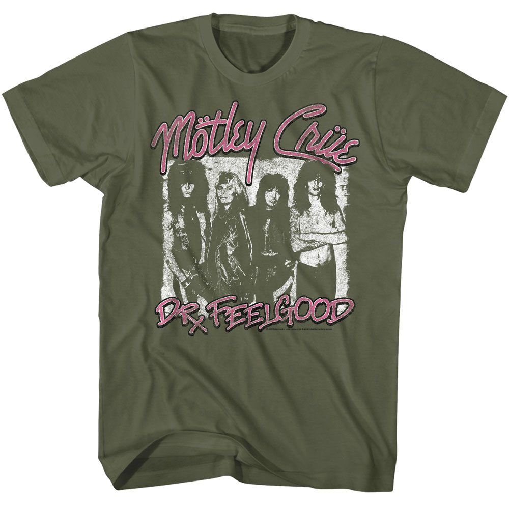 Military Green Mötley Crüe t-shirt featuring a Dr. Feelgood design