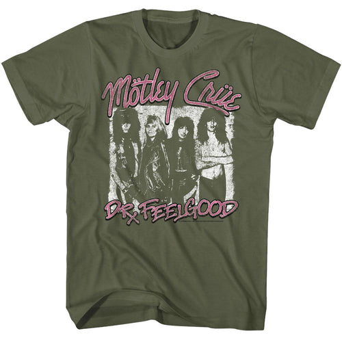 Military Green Mötley Crüe t-shirt featuring a Dr. Feelgood design
