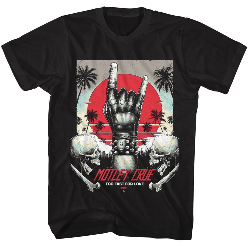 Black Mötley Crüe t-shirt featuring a Too Fast For Love design