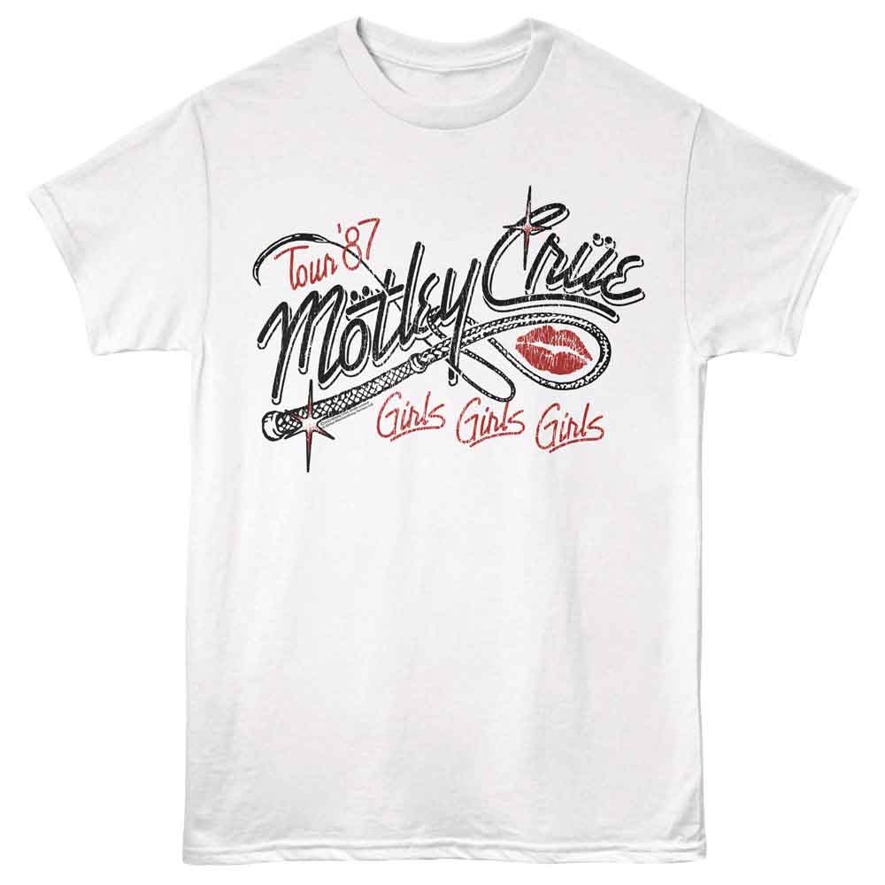 White Mötley Crüe t-shirt featuring a Whip design