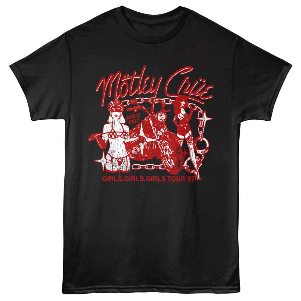 Black Mötley Crüe t-shirt featuring a Girls Girls Girls 87 design