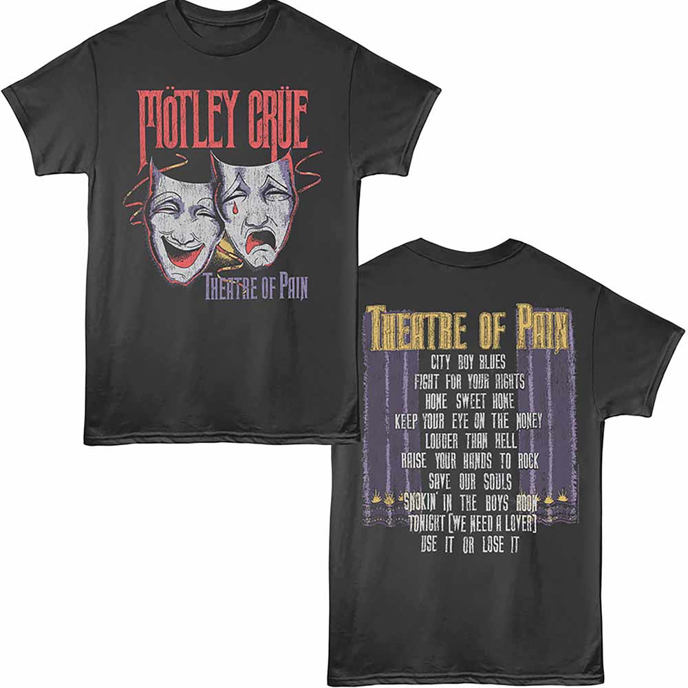 Smoke gray Mötley Crüe t-shirt featuring a Theatre of Pain Masks design