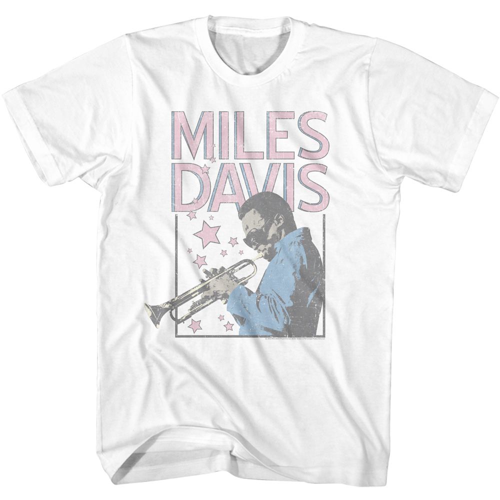 White Miles Davis t-shirt featuring Miles Davis Stars And Rectangle design