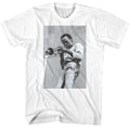 White Miles Davis t-shirt featuring Miles Davis Trumpet Into Mic design