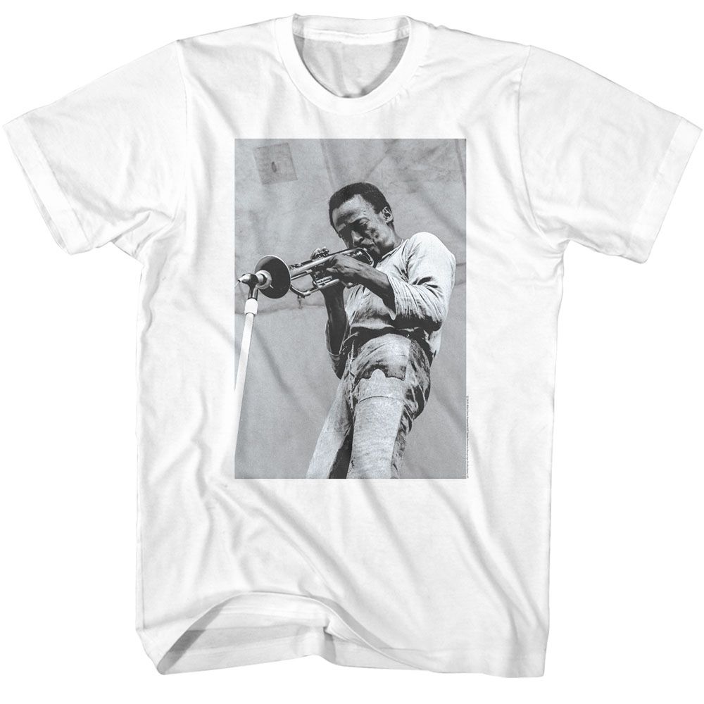 White Miles Davis t-shirt featuring Miles Davis Trumpet Into Mic design