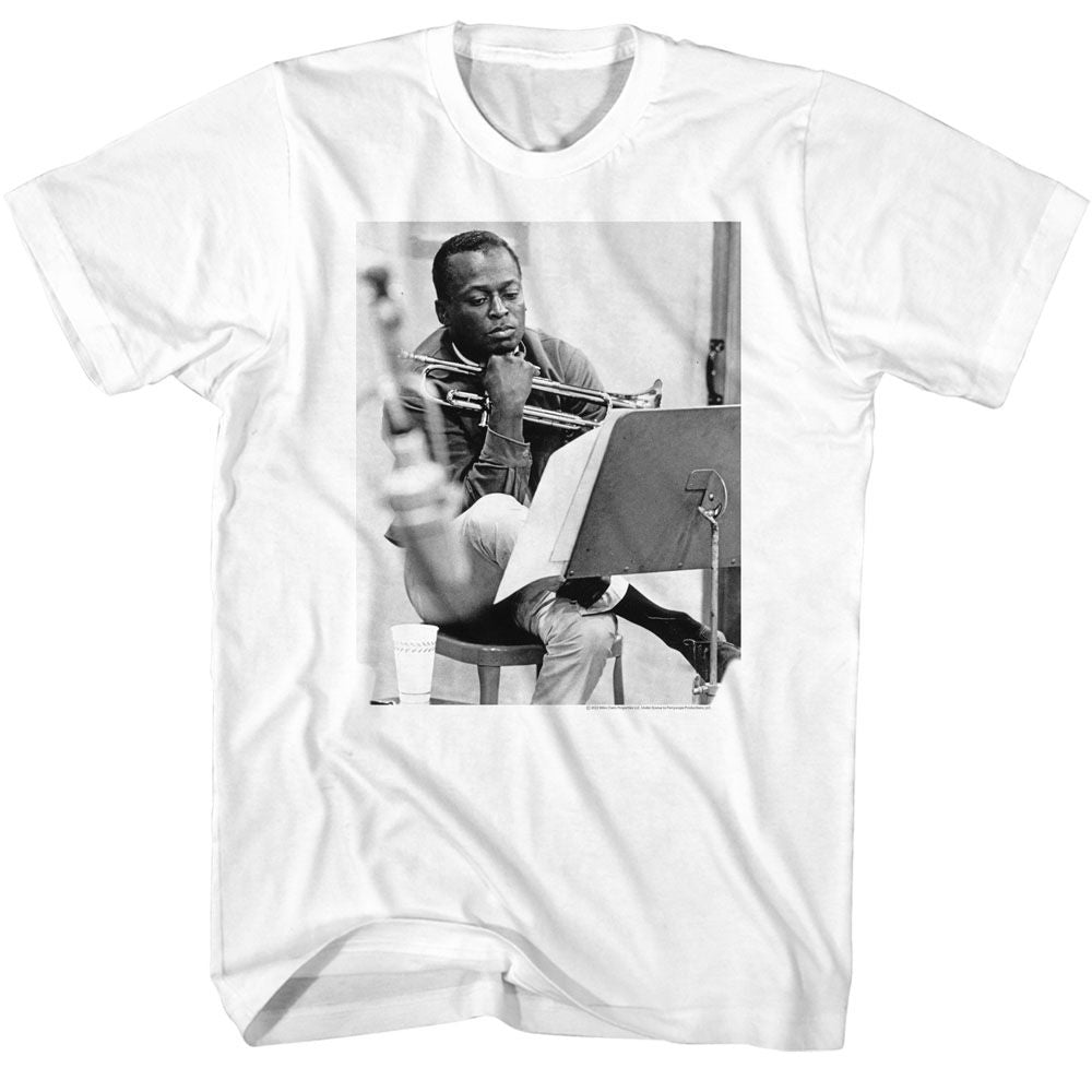 White Miles Davis t-shirt featuring Miles Davis Contemplative design